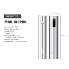 Authentic Ehpro 101 Pro 21700/20700/18650 75W TC Temperature Control Tube Mod 25mm w/ Lock RDA Kit - Silver