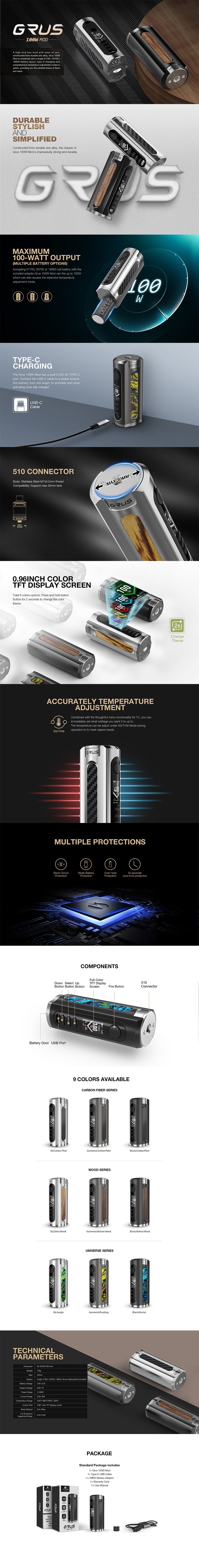 Authentic Lost Vape Grus 100w Tc Box Mod 18650 20700 21700