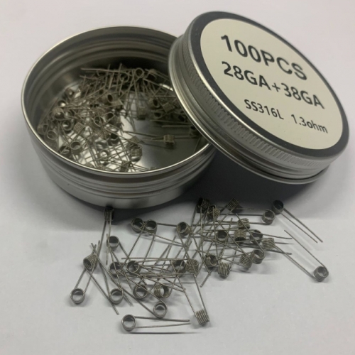 Premade Coil SS316L 28GA+38GA Clapton Coils 100pcs - 1.3ohm