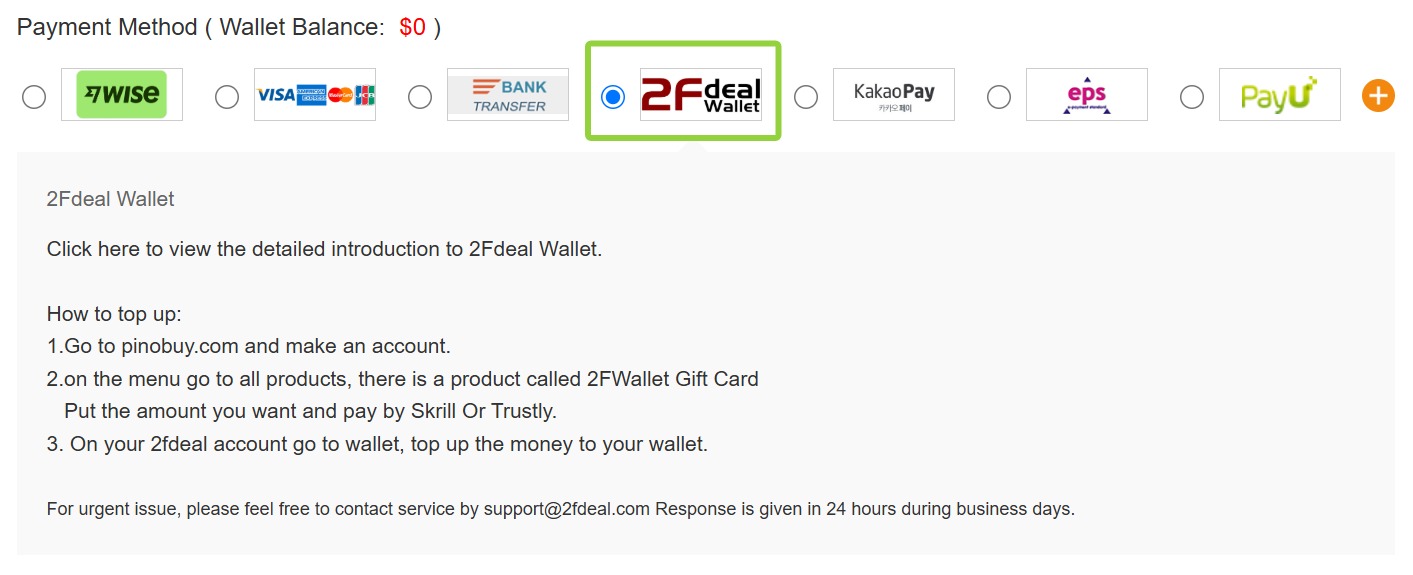 Choose Pay "2Fdeal Wallet" at checkout