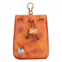 Retro Drawstring Leather Bag for Storage Pipe Tobacco Small Coin Key Fashion Wallet - Brown