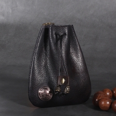 Retro Drawstring Leather Bag for Storage Pipe Tobacco Small Coin Key Fashion Wallet - Black