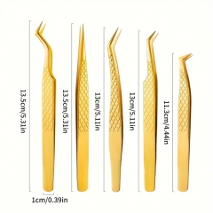 Professional Precision Tweezers Kit Stainless Steel Anti Slip DIY Heat Wire Cotton Makeup Eyelash Tools - Gold