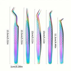Professional Precision Tweezers Kit Stainless Steel Anti Slip DIY Heat Wire Cotton Makeup Eyelash Tools - Raibow