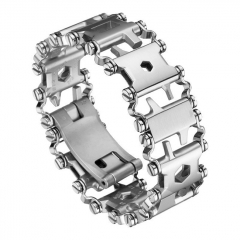 29 in 1 Multitool Bracelet 22cm SS Wearable Survival Watch Band Compatible with Utility Wrist Tool for Camping Hiking Travel Sailing - Wide Silver